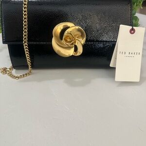 Ted Baker Black Patent Leather Clutch with Gold Flower Clasp